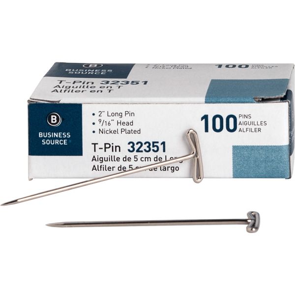 Business Source High Quality Steel T-pins 0.56" Head - 2" Length x 0.6" Width - 100 / Box - Silver - Steel