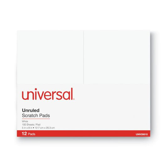 Universal Scratch Pads, Unruled, 5 x 8, White, 100 Sheets, 12/Pack