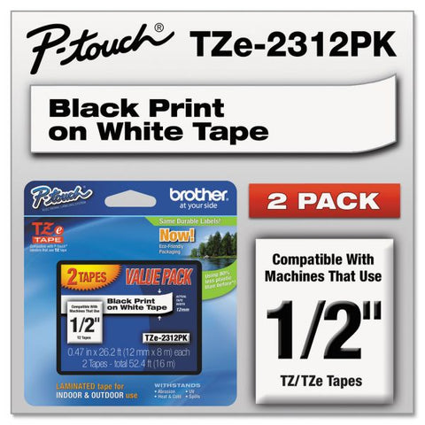 Brother P-Touch TZe Standard Adhesive Laminated Labeling Tapes, 0.47" x 26.2 ft, Black on White, 2/Pack