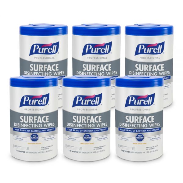 PURELL Professional Surface Disinfecting Wipes, Citrus Scent, 110 Count Canister, 7"x 8" Wipes, Pack of 6 Canisters