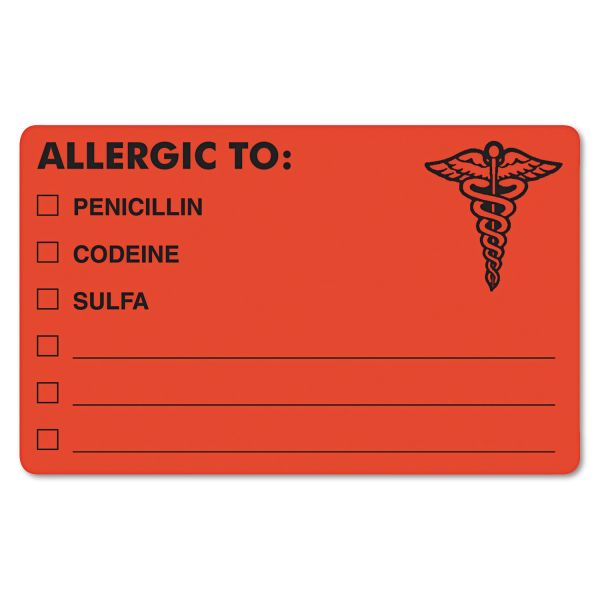 Tabbies Allergy Warning Labels, ALLERGIC TO: PENICILLN, CODEINE, SULFA, 2.5 x 4, Fluorescent Red, 100/Roll