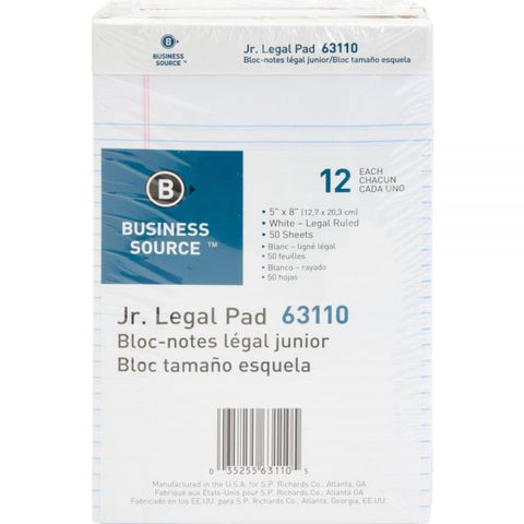 Business Source Junior Legal Pads 5" x 8" - Legal Ruled - Perforated - 50 Sheets/ Pad - 12 Pads - White