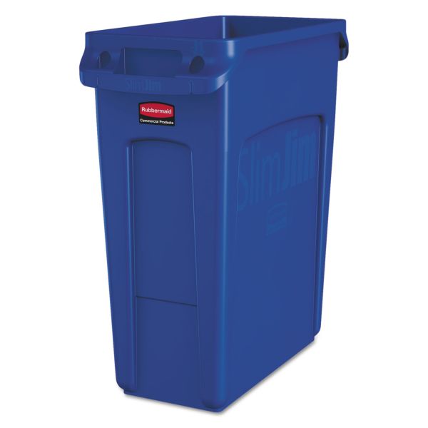 Rubbermaid Commercial Slim Jim W/Handles, Rectangular, Plastic, 15.9 gal, Blue