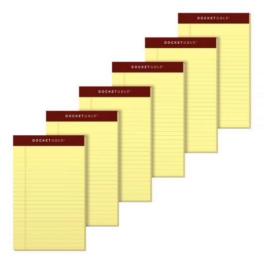 TOPS Docket Gold Premium Writing Pads, 5" x 8", Jr. Legal Rule, Canary, 50 Sheets Per Pad, Pack Of 6 Pads