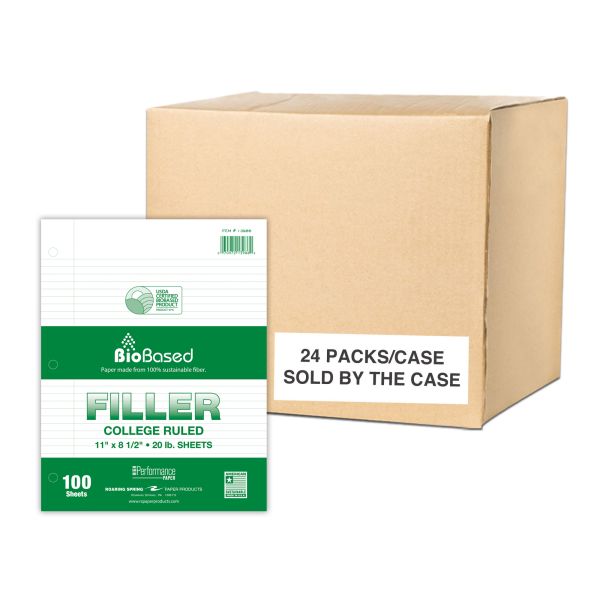 Biobase Filler 8.5"x11" College Ruled with Margin Case of 24 Packs of Biobase Filler Paper, 8.5"x11", 100 Sheets Per Package of 20# White Paper 3-Hole Punched, College Ruled W/ Margin