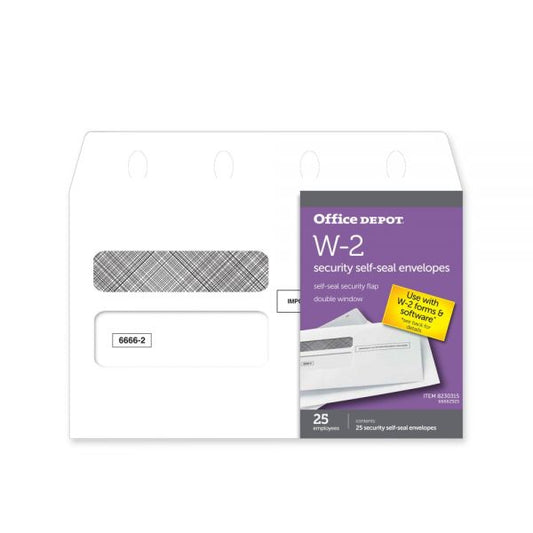 Double-Window Self-Seal Envelopes For W-2 Tax Forms, 9-1/4"W x 5-5/8"H, White, Pack Of 25 Envelopes