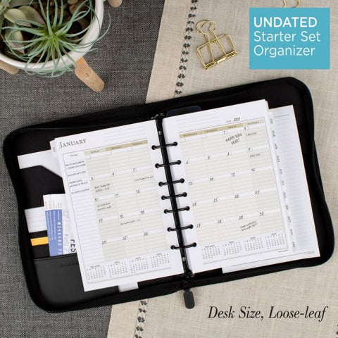 At-A-Glance Leather Zipcase Binder Starter Set, Undated Calendar 5 1/2" x 8 1/2" Sheet Size - 7 x Ring Fastener(s) - Leather - Black - Refillable, Zipper Closure, Storage Pocket, Notepad, Pen Loop - 1 Each