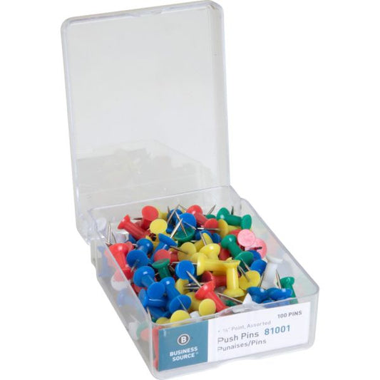 Business Source 1/2" Head Push Pins 0.50" Head - 100 / Box - Assorted