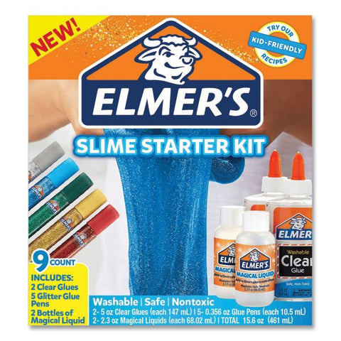 Elmer's Slime Starter Pack, Two 5 oz. School Glues, Five 0.36 oz. Glitter Glue Pens Two 2.3 oz Magical Liquid Bottles