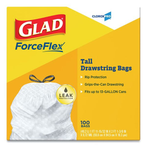 Glad Tall Kitchen Drawstring Trash Bags, 13 gal, 0.72 mil, 24" x 27.38", Gray, 100/Box