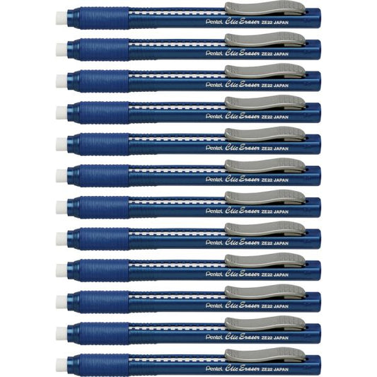 Pentel Rubber Grip Clic Eraser Blue - Pen - Refillable - 12 / Box - Tear Resistant, Latex-free Grip, Pocket Clip, Ghost Resistant, Scratch Resistant, Retractable