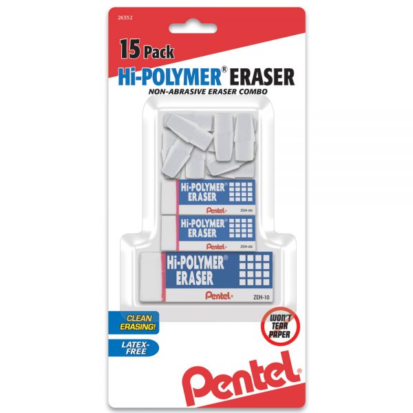 Pentel Hi-Polymer Eraser Combo Pack, White, Pack Of 15