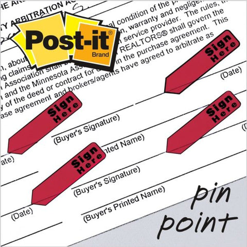 Post-it Flags Arrow Message 0.5" Page Flags in Dispenser, "Sign Here", Red, 20 Flags Dispenser, 4 Dispensers/Pack