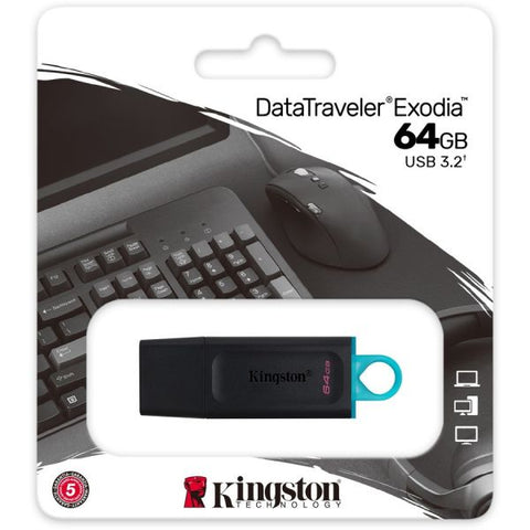 Kingston DataTraveler Exodia 64GB USB 3.2 (Gen 1) Flash Drive 64 GB - USB 3.2 (Gen 1) - Black, Teal - 5 Year Warranty