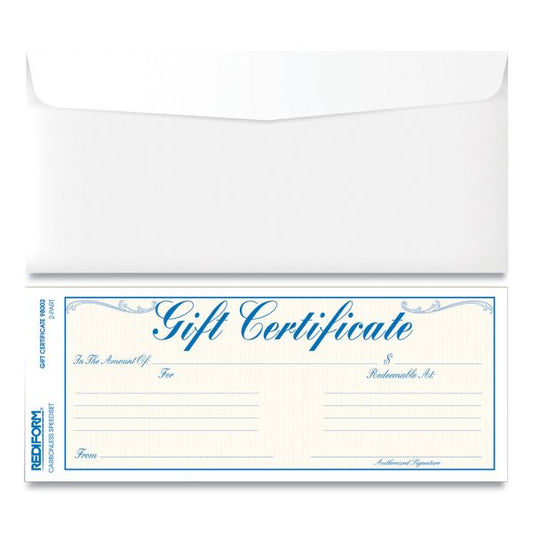 Rediform Gift Certificates with Envelopes, 8.5 x 3.67, Blue/Gold with Blue Border, 25/Pack