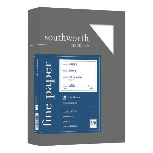 Southworth 25% Cotton Business Paper, 95 Bright, 24 lb Bond Weight, 8.5 x 11, White, 500 Sheets/Ream