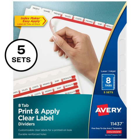 Avery Print & Apply Clear Label Dividers, 8-Tab, White Tab, Letter, 5 Sets