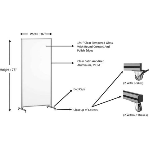 Lorell Full Protective Glass Screen 36" Width x 0.3" Depth x 78" Height - 1 Each - Clear - Tempered Glass, Aluminum