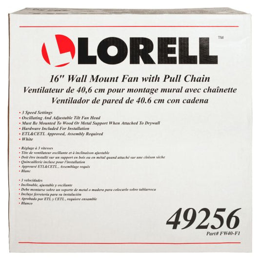 Lorell Pull-chain Wall Mounting 3-speed Fan 16" Diameter - 3 Speed - Adjustable Tilt Head, Oscillating - 18.5" Height x 9.3" Width x 18.1" Depth - White