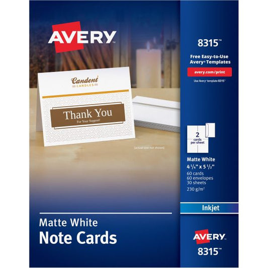 Avery Note Cards with Matching Envelopes, Inkjet, 85 lb, 4.25 x 5.5, Matte White, 60 Cards, 2 Cards/Sheet, 30 Sheets/Pack