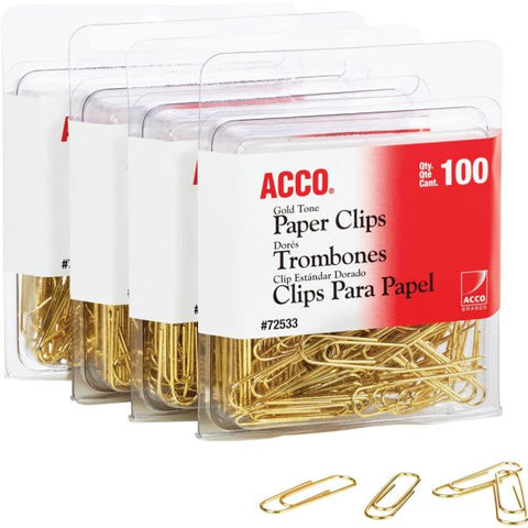 ACCO Gold Tone Paper Clips No. 2 - 1.4" Length x 0.5" Width - 10 Sheet Capacity - for Office, Home, School, Document, Paper - Sturdy, Flex Resistant, Bend Resistant - 400 / Pack - Gold