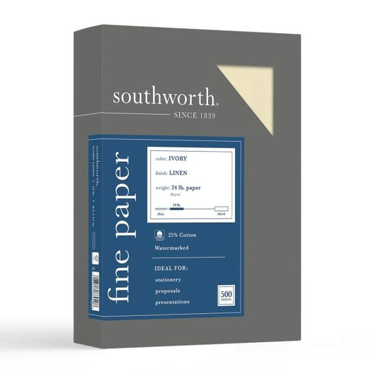 Southworth 25% Cotton Linen Business Paper, 24 lb Bond Weight, 8.5 x 11, Ivory, 500/Ream