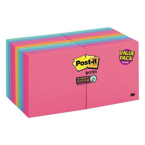 Post-it Super Sticky Notes, Assorted Colors, 3" x 3", Pack Of 18 Pads