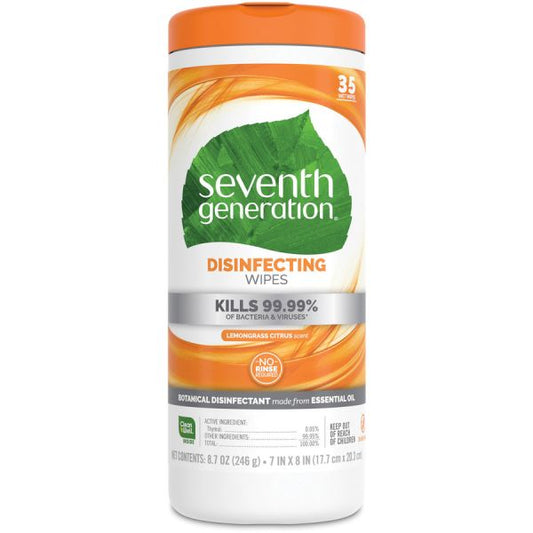 Seventh Generation Disinfecting Wipes 7" x 8" - Lemongrass Citrus Scent - 35 Sheets/ Canister - 12 Canisters/ Carton