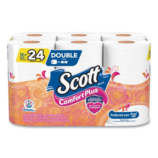 Scott ComfortPlus Toilet Paper, Double Roll, Bath Tissue, 1-Ply, 12 Roll/Pack, 4 Packs/Carton