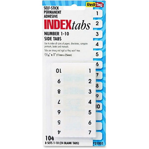 Redi-Tag Legal Index Tabs, Preprinted Numeric: 1 to 10, 1/12-Cut, White, 0.44" Wide, 104/Pack