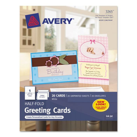 Avery Half-Fold Greeting Cards with Matching Envelopes, Inkjet, 85 lb, 5.5 x 8.5, Matte White, 1 Card/Sheet, 20 Sheets/Box