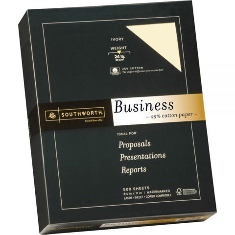 Southworth 25% Cotton Business Paper, 95 Bright, 24 lb Bond Weight, 8.5 x 11, Ivory, 500 Sheets/Ream