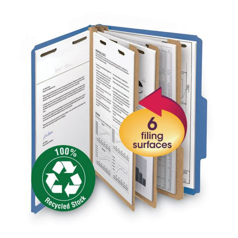 Smead Recycled Pressboard Classification Folders, 2" Expansion, 2 Dividers, 6 Fasteners, Letter Size, Dark Blue, 10/Box