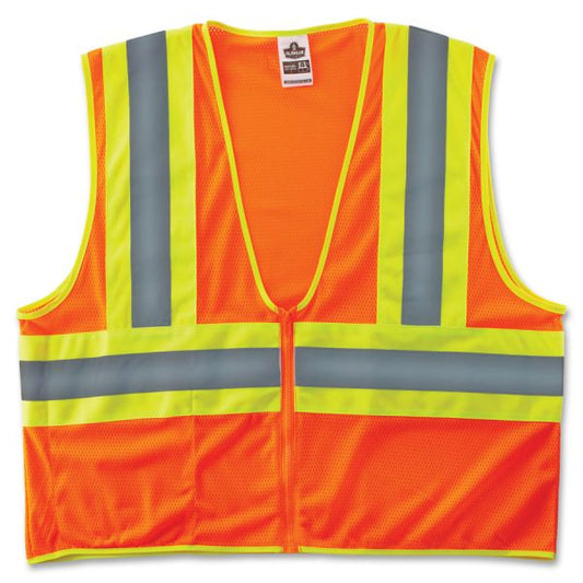 GloWear Class 2 Two-tone Orange Vest Recommended for: Construction - Large/Extra Large - Zipper Closure - Polyester Mesh, Fabric - 1 Each - Orange, Lime, Silver