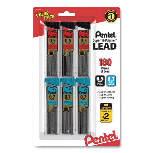 Pentel Super Hi-Polymer Lead Refill Value Pack, 0.5 mm; 0.7mm, HB, Black, 30/Tube, 6 Tubes/Pack