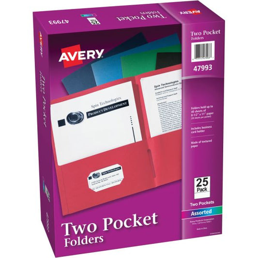 Avery Two-Pocket Folder, 40-Sheet Capacity, 11 x 8.5, Assorted Colors, 25/Box