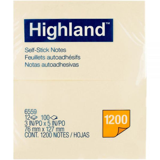 Highland Self-Stick Notes, 3" x 5", Yellow, 100 Sheets/Pad, 12 Pads/Pack