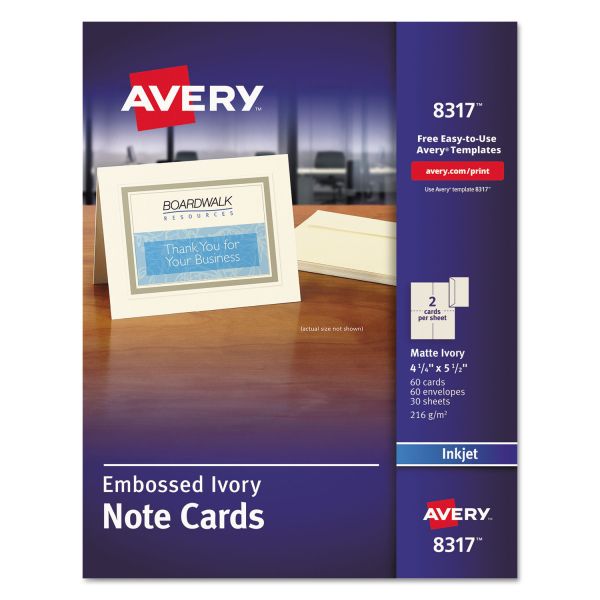 Avery Note Cards with Matching Envelopes, Inkjet, 80 lb, 4.25 x 5.5, Embossed Matte Ivory, 60 Cards, 2 Cards/Sheet, 30 Sheets/Pack