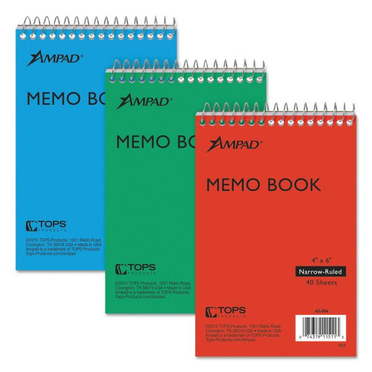 Ampad Memo Pads, Narrow Rule, Assorted Cover Colors, 40 White 4 x 6 Sheets, 3/Pack