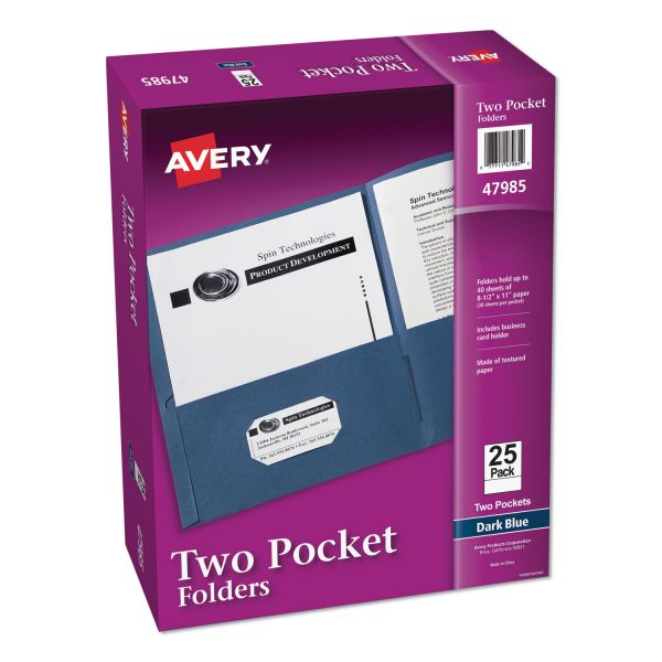 Avery Two-Pocket Folder, 40-Sheet Capacity, Dark Blue, Embossed Paper, 25/Box