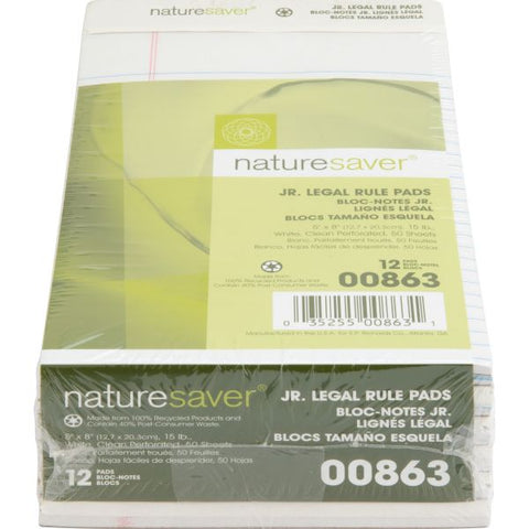 Nature Saver 100% Recycled Junior Legal Pads 5" x 8" - Legal Ruled - Perforated - 50 Sheets/ Pad - 12 Pads - White