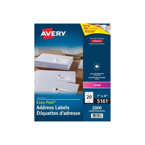 Avery Easy Peel White Address Labels w/ Sure Feed Technology, Laser Printers, 1 x 4, White, 20/Sheet, 100 Sheets/Box