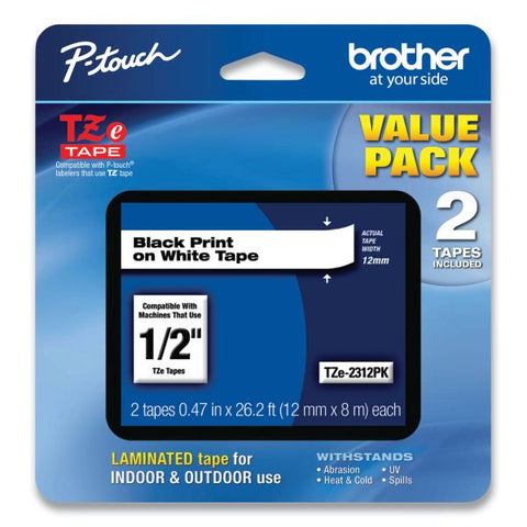 Brother P-Touch TZe Standard Adhesive Laminated Labeling Tapes, 0.47" x 26.2 ft, Black on White, 2/Pack