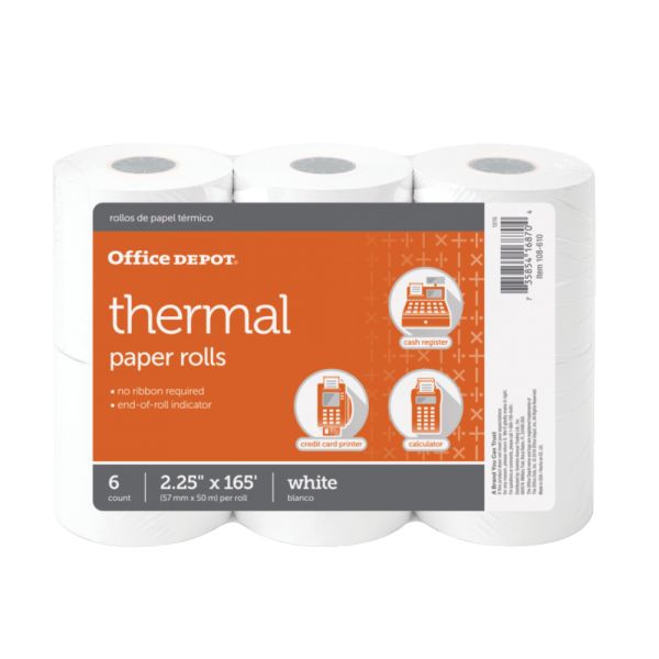 Thermal Paper Rolls, 2-1/4" x 165', White, Pack Of 6