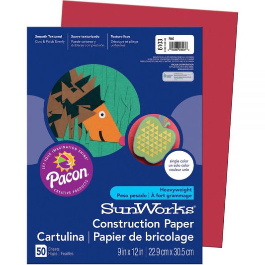 Prang SunWorks Construction Paper, 50 lb Text Weight, 9 x 12, Red, 50/Pack