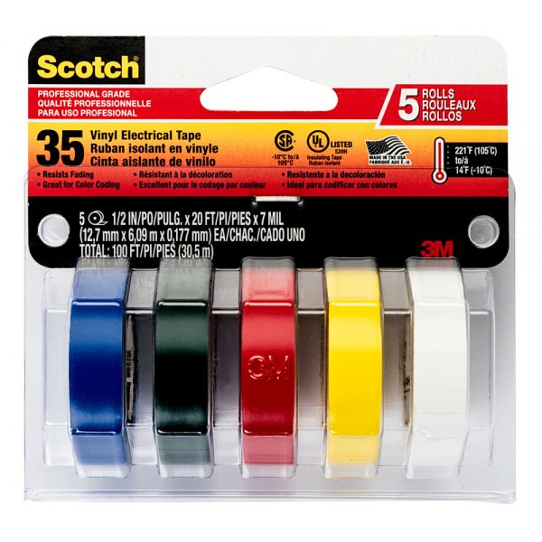 Scotch Professional Quality Electrical Tape, 0.5" x 6.67', Pack Of 5 Tapes