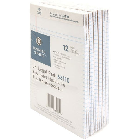 Business Source Junior Legal Pads 5" x 8" - Legal Ruled - Perforated - 50 Sheets/ Pad - 12 Pads - White