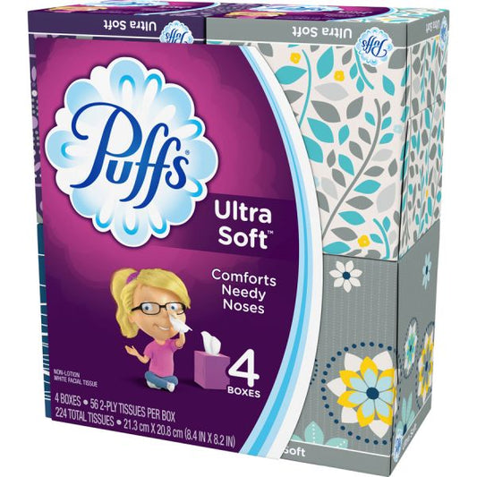 Puffs Ultra Soft Facial Tissue 2 Ply - White - Comfortable, Extra Soft - For Home, Office - 56 Per Box - 24 / Carton