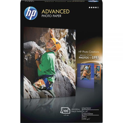 HP Advanced Photo Paper, 10.5 mil, 4 x 6, Glossy White, 100/Pack