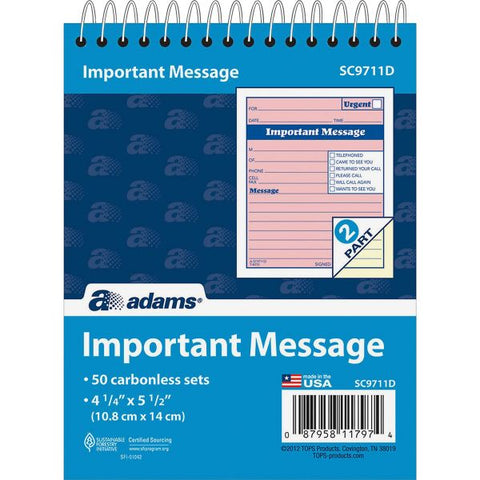 Adams Spiral-bound Phone Message Booklet 50 Sheet(s) - Spiral Bound - 4" x 5.50" Sheet Size - 1 Each